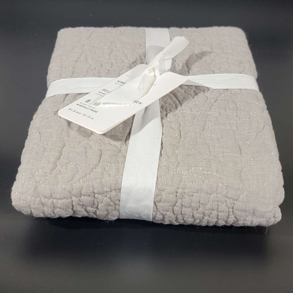 Pottery Barn Belgian Flax Linen Floral Stitch KING Sham (1) Soft Gray NEW